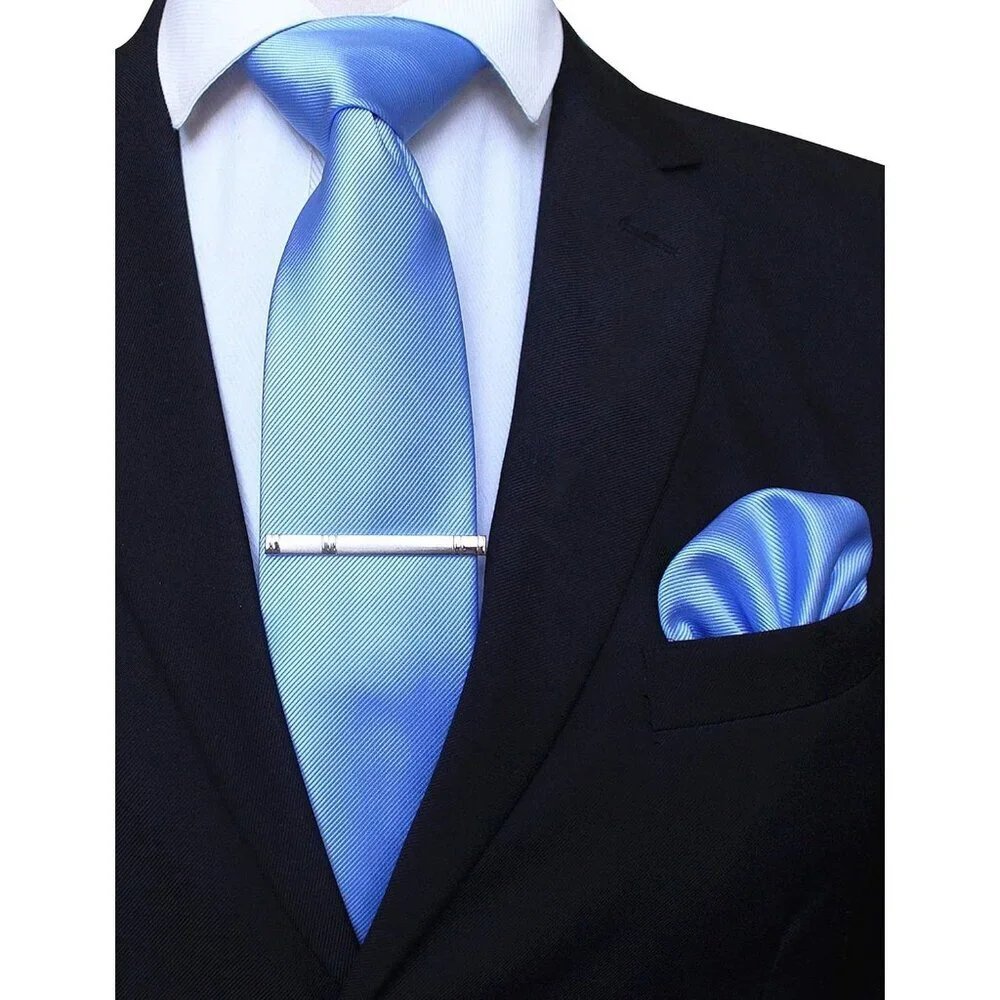 Men's Peacock Blue Colour Formal Necktie and Pocket Square Tie Clip Sets